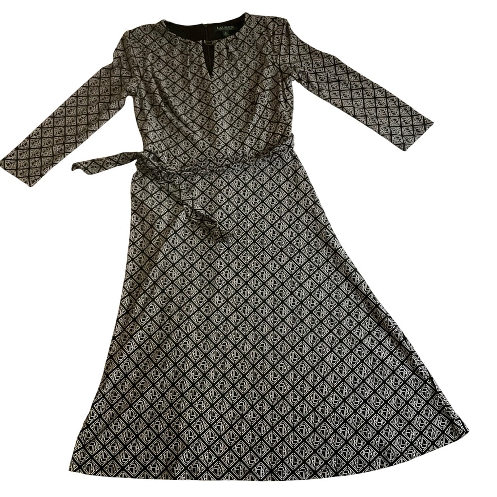 Lauren Ralph Lauren Midi Dress Womens 0 Black White Geometric Monogram Tie Waist